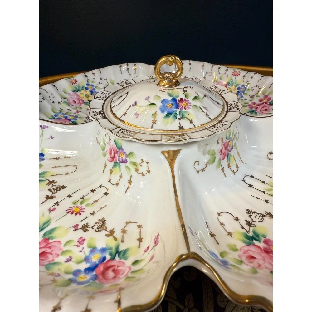 Antique Dresden Porcelain Relish Dish: Hand-Painted‎ Roses, Gilded Handles